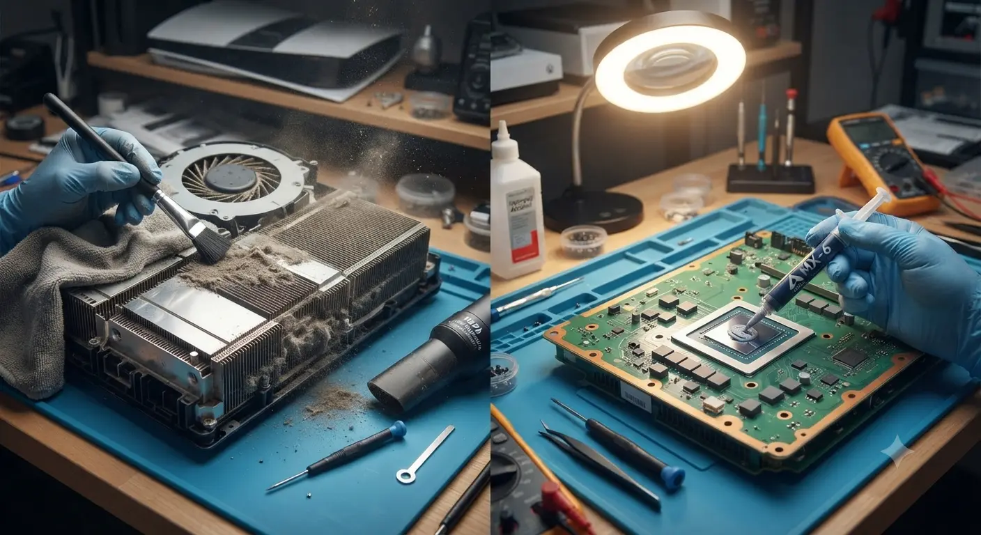 Imagem realista de um cooler de video game sujo sendo limpo e processador recebendo pasta térmica