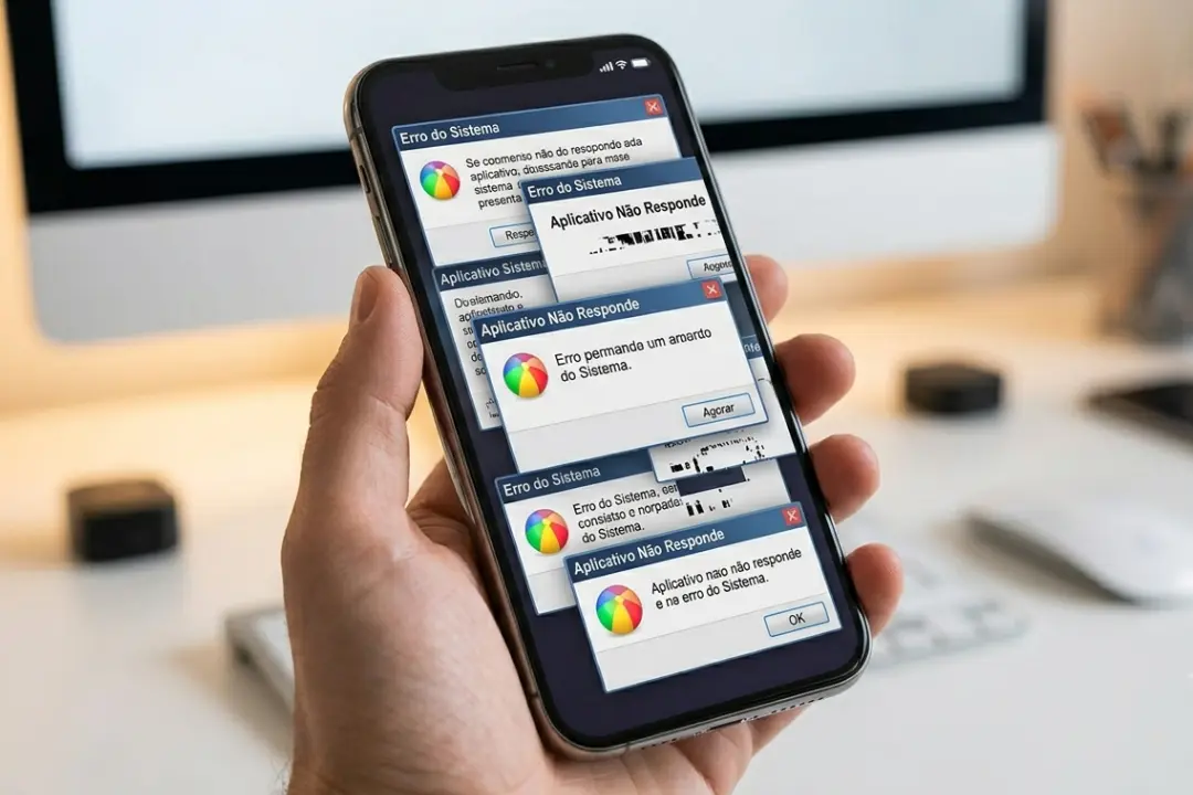 Mão segura smartphone mostrando janelas de erro do sistema